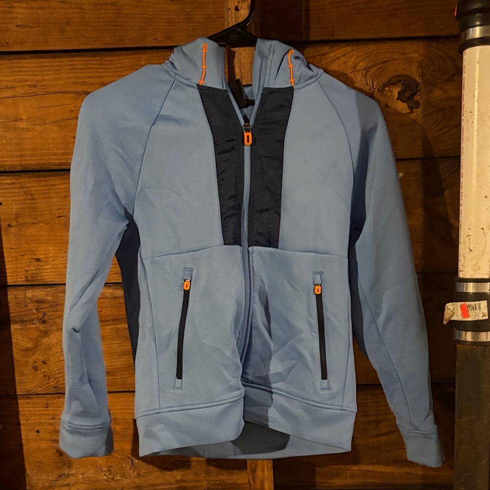 Blue and Black Hooded Jacket with Orange Accents